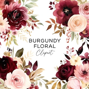 Pacote de clipart de buquê floral, aquarela borgonha ouro rosa boho flores PNG download digital para uso comercial convites de aniversário de casamento