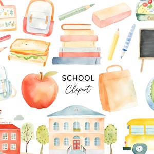 School clipartbundel, aquarel potlood bus boeken globe graphics leraar bronnen educatieve leermiddelen digitale download PNG-illustraties