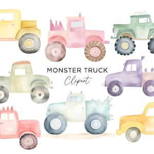 Monstertruck Clipart Bundle, PNG Grafik Digital Download Aquarell Bunte Monstertrucks Jungen Kinderzimmer Wand Kunst Dekor Kommerzielle Nutzung