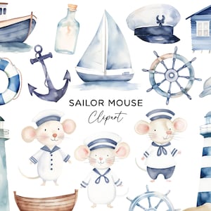 Pacchetto Clipart di topi marinai, topi acquerellati faro ancora capitano della barca PNG per inviti per feste per bambini arte murale uso commerciale fai da te