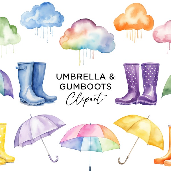 Umbrellas & Gumboots Clipart Bundle, Watercolor Wellies Brollies Rain Boots Clouds Winter Graphics PNG Digital Download Commercial Use PNGs