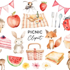 Pacchetto di clipart da picnic, animali della foresta del bosco, sandwich, torta, formica di frutta, PNG per inviti per feste per bambini, arte della parete, download digitale commerciale