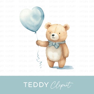 Teddy Bear Clipart, Baby Boy Watercolor PNG Commercial Use for Newborn Baby Shower Invitation Greeting Card Digital Download Sublimation