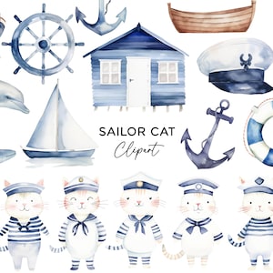 Pacchetto di clipart di gatti marinai, acquerello capitano faro ancora barca nautica PNG per inviti per feste per bambini arte murale uso commerciale fai da te