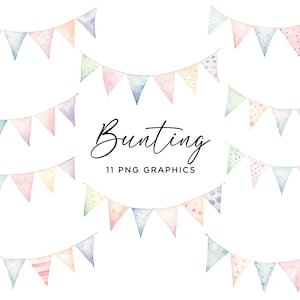 Paquete de imágenes prediseñadas de Bunting, acuarela Pastel Party Banner Rainbow PNG Descarga digital Uso comercial Invitaciones de cumpleaños para niños Artesanías Pegatinas