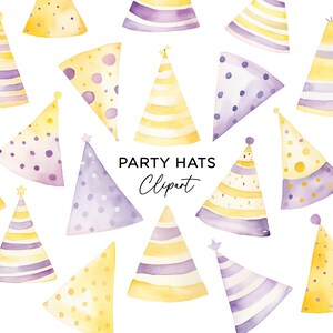 Pacchetto di clipart di cappellini da festa, download digitale PNG, cappellini da festa di compleanno colorati ad acquerello, viola e gialli, adesivi per inviti, uso commerciale