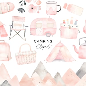 Paquete de imágenes prediseñadas de camping rosa, acuarela aventura camper tienda fogata PNG para niñas invitaciones de cumpleaños arte de pared archivos de descarga digital