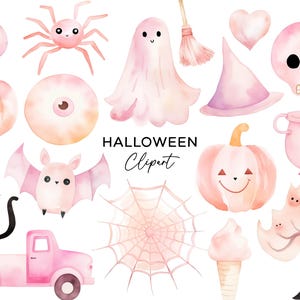May include: A set of pink watercolor Halloween clipart featuring a ghost, spider, pumpkin, bat, cauldron, witch hat, and more.  The clipart is perfect for creating invitations, cards, and other Halloween crafts.