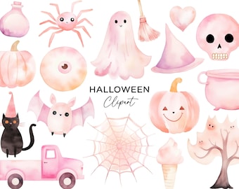 Pacchetto di clipart di Halloween, download digitale di grafica PNG, acquerello rosa fantasma spaventoso ragno teschio zucca pipistrello strega pozione magica commerciale