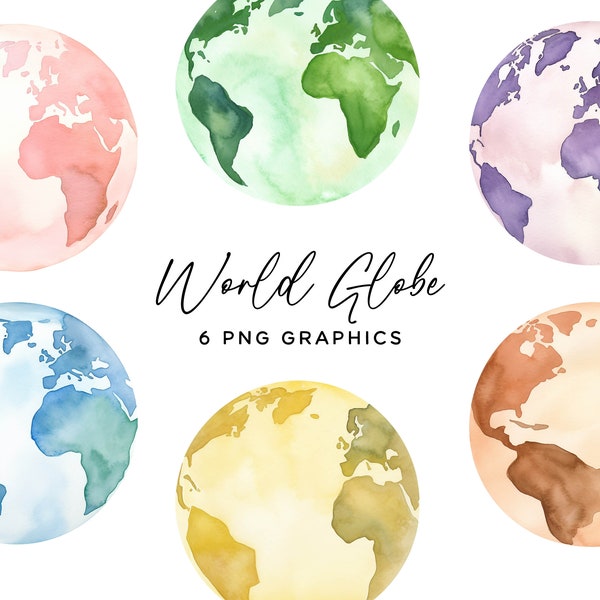 World Globe Clipart Bundle - Colorful Pastel Earth Graphics, PNG Sublimation, Digital Download, Watercolor Planets for DIY Commercial Use