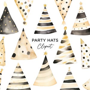 Partyhüte Clipart Bundle, PNG Digital Download Aquarell Bunt Schwarz Gold Spaß Geburtstag Partyhüte für Einladungen Aufkleber Kommerziell
