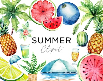 Summer Clipart Bundle, Tropical Beach Pineapple Watermelon Palm Trees Watercolor PNG Digital Download for Invitations Stickers Scrapbooking