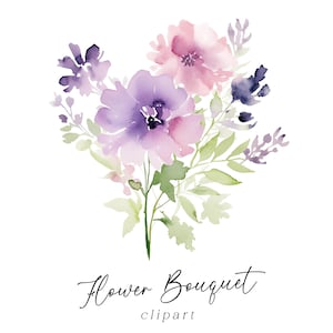 Clipart bouquet floreale - morbido pastello viola rosa acquerello primavera botanico mazzo PNG inviti di nozze biglietto di auguri arte della parete commerciale