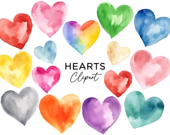 Pacchetto Clipart cuori, illustrazioni ad acquerello di San Valentino, file PNG di cuori d'amore arcobaleno colorato, download digitale per uso commerciale