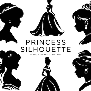 Prinses silhouet clipart bundel, zwart-wit overzicht Art PNG + SVG-bestanden voor uitnodigingen scrapbooking digitale download commercieel gebruik
