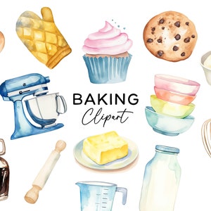 Baking Clipart Bundle, Watercolor Kitchen Utensils Pastel Bakery Supplies Cupcake Cookie Mixer PNG for Invitations Stickers Scrapbooking