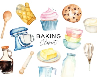 Baking Clipart Bundle, Watercolor Kitchen Utensils Pastel Bakery Supplies Cupcake Cookie Mixer PNG for Invitations Stickers Scrapbooking