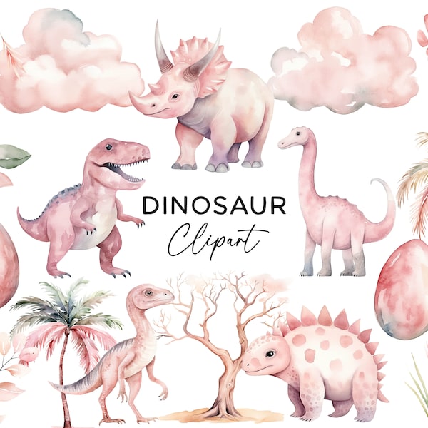 Dinosaur Clipart Bundle, Watercolor Girls Pink T-Rex Prehistoric Dino Clip Art PNG For Invitations Nursery Decor Digital Download Commercial