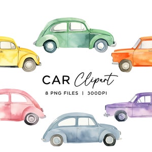 Paquete de imágenes prediseñadas de coches de acuarela, vehículos coloridos PNG, descarga digital, uso comercial para invitaciones de cumpleaños de niños, pegatinas, álbumes de recortes