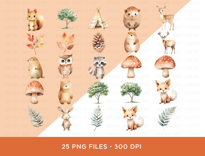 Woodland Animals Watercolor Clipart, Forest PNG Bundle Cute Fox Bear ...