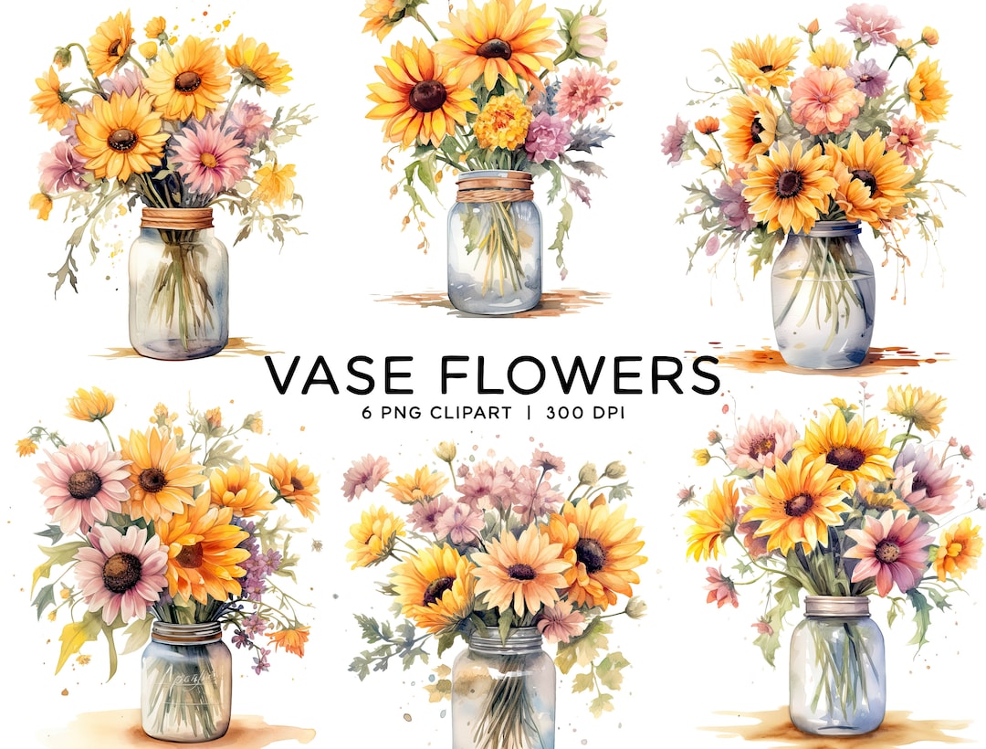 Sunflowers Vase Clipart Bundle, Watercolor PNG Sublimation Digital ...