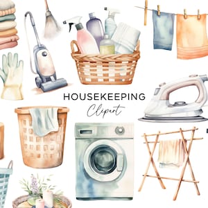 Housekeeping Clipart Bundle, PNG Graphic Digital Download Watercolor Cleaning Supplies Laundry Chores Vacuum Commercial Use Clip Art Files