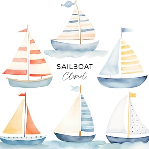 Set di clipart di barche a vela, grafica di barche a vela colorate per bambini con acquerello PNG, clipart di avventure in barca a vela in mare e oceano, file PNG