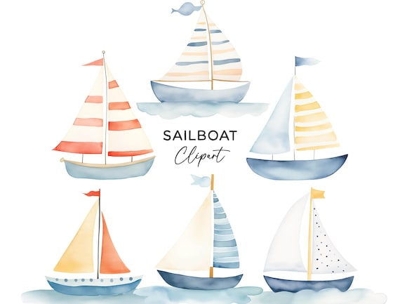 Sailboat Clipart Bundle Set, Watercolor Colorful Kids Sailing Boats Graphics PNG Nautical Sea Ocean Sailing Adventure Clip Art PNG Files