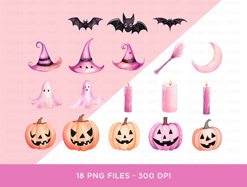 Op de afbeelding: Waterverfillustraties van Halloween-thema's op een roze achtergrond. De afbeelding bevat vleermuizen, heksenhoeden, geesten, een bezem, een maan, kaarsen en pompoenen. De tekst onderaan luidt "18 PNG FILES - 300 DPI."