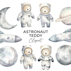 Paquete de imágenes prediseñadas de peluche de astronauta, acuarela espacio oso de peluche galaxia planetas cohete nave PNG espacio exterior Clip Art uso comercial arte infantil