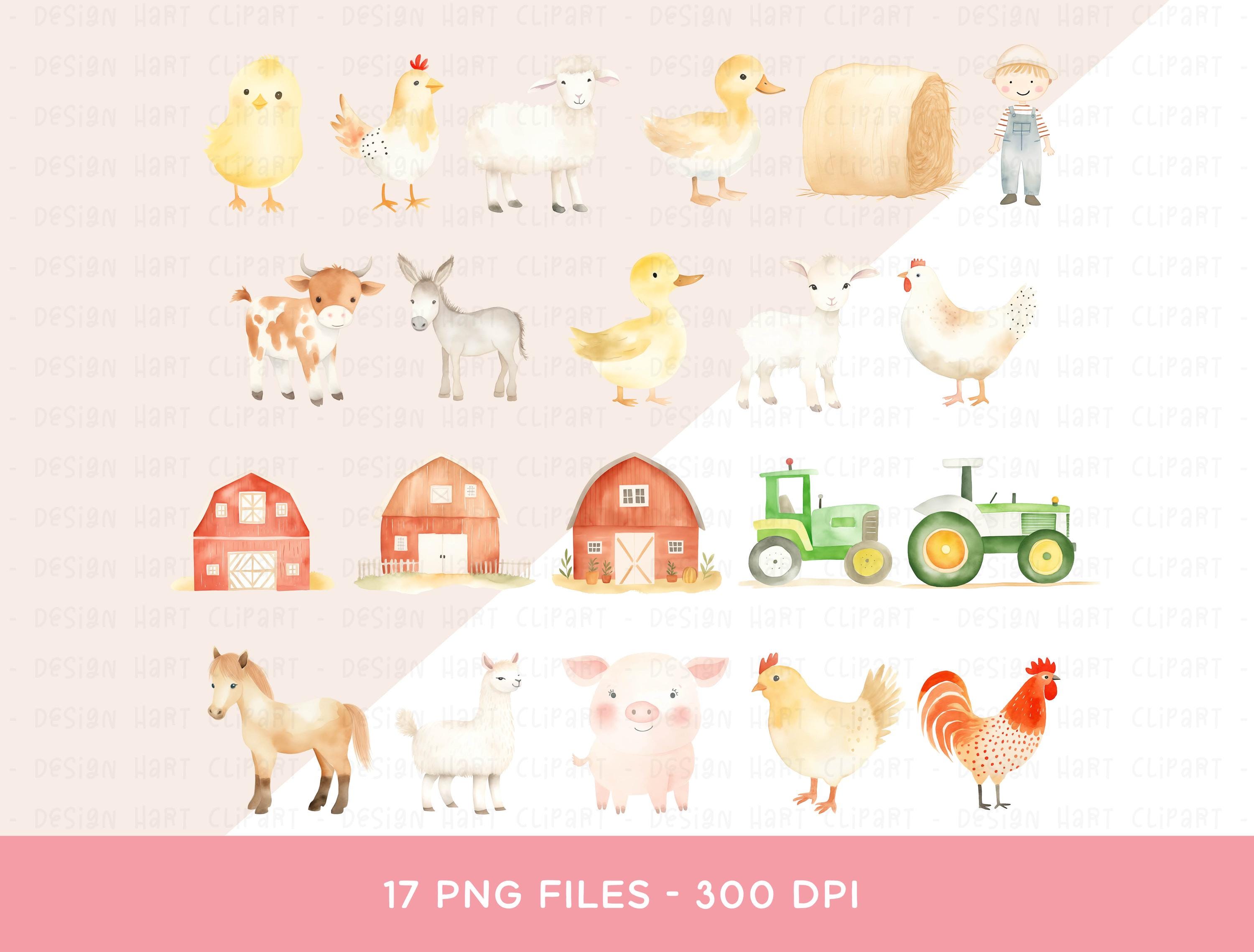 Farm Animals Clipart Bundle - Watercolor Barnyard Tractor Pig Duck ...