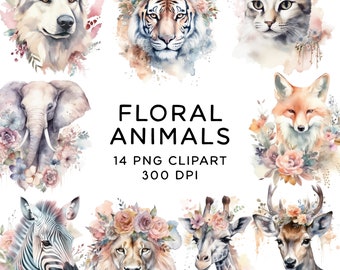 Floral Animals PNG Clipart Bundle: Elephant, Giraffe, Lion & More - Pastel Whimsical Sublimation Graphics for Crafts Commercial Use Clipart