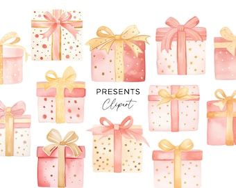 Presents Gift Boxes Clipart Bundle, PNG Digital Download Watercolor Clipart Pink Gold for Wedding Birthday Cards Invitations Commercial Use