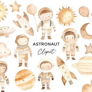 Pacchetto Clipart astronauta, spazio galassia razzo pianeta astronave Beige Boho neutro bambini invito alla festa PNG Download digitale uso commerciale