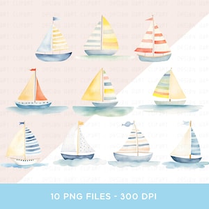 May include: Ten watercolour illustrations of sailboats with various colour combinations of blue, yellow, red, and white. The sailboats are on a white background.