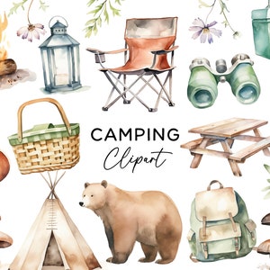 Paquete de imágenes prediseñadas de camping, aventura acuarela Camper tienda bosque animal verano al aire libre oso zorro fogata PNG Clip Art archivos uso comercial