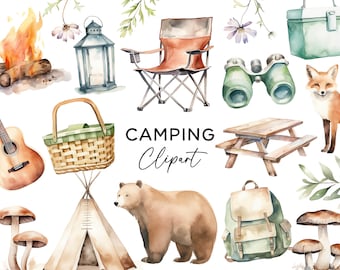 Camping Clipart Bundle, Adventure Watercolor Camper Tent Forest Animal Summer Outdoor Bear Fox Campfire PNG Clip Art Files Commercial Use