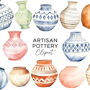 Pacote de clipart de cerâmica artesanal, vaso de aquarela, potes de barro, gráficos PNG, uso comercial, download de arte para convites, adesivos, scrapbooking