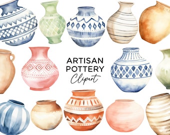 May include: A collection of 12 watercolor illustrations of artisan pottery in various colors and patterns. The pottery includes blue and white, pink and white, green and white, brown and white, and orange and white designs. The text "Artisan Pottery Clipart" is written in black.