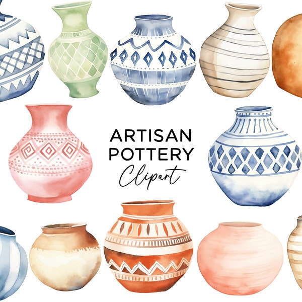 Artisan Pottery Clipart Bundle, Watercolor Vase Clay Pots PNG Graphics Commercial Use Art Download for Invitations Stickers Scrapbooking