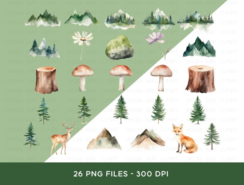 Forest Clipart Bundle - Watercolor Woodland Nature Rustic Mountains ...