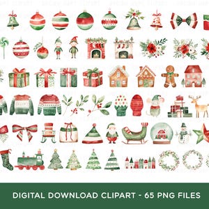 Christmas Clipart Bundle, PNG Digital Download Watercolor Red Green ...