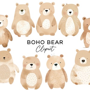 Boho Bear Clipart bundelset - Scandi Woodland teddybeer aquarel bruine beer PNG sublimatie grafische digitale download voor commercieel gebruik