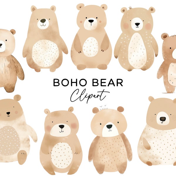 Boho Bear Clipart Bundle Set - Scandi Woodland Teddy Bear Watercolor Brown Bear PNG Sublimation Graphics Digital Download for Commercial Use