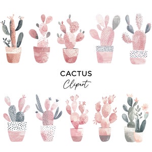 Paquete de imágenes prediseñadas de cactus, pegatinas de arte de pared de cactus pintado de rosa rubor Scrapbooking abstracto PNG acuarela descarga digital uso comercial
