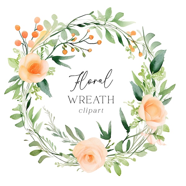 Floral Wreath Clipart - Watercolor Peach Orange Rose Botanical PNG for Wedding Invitations Greeting Cards Wall Art Digital Download Clipart