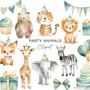 Paquete de imágenes prediseñadas de animales de fiesta, descarga digital PNG, acuarela, safari, jungla, león, tigre, cebra, jirafa, oso, zorro, globos, pancartas, verde y dorado