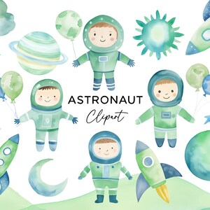 Paquete de imágenes prediseñadas de astronauta, gráficos PNG de acuarela, descarga digital uso comercial para invitaciones Planet Galaxy Rocket Ship espacio exterior