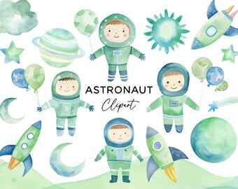 Astronaut Clipart Bundle, Watercolor PNG Graphics, Digital Download Commercial Use for Invitations Planet Galaxy Rocket Ship Outer Space