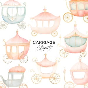 Prinzessin Kutsche Clipart Bundle-Set, PNG Grafik Digital Download Aquarell Märchen Kutsche Pastellfarben Kommerzielle Nutzung